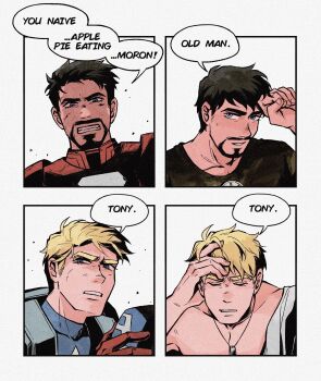 2boys arc_reactor armor avengers_(series) black_hair black_shirt blonde_hair blue_bodysuit blue_eyes bodysuit border captain_america covered_collarbone english_text facial_hair fangs full_armor gloves hand_on_own_head hand_up helmet highres holding holding_unworn_helmet iron_man looking_at_viewer male_focus marvel multiple_boys multiple_views necktie open_clothes open_shirt power_armor red_armor red_gloves shield shield_on_back shirt short_hair simple_background smile speech_bubble star_(symbol) star_print steve_rogers superhero_costume teeth tony_stark unworn_headwear unworn_helmet upper_body weibo_7899261198 white_background white_border white_shirt