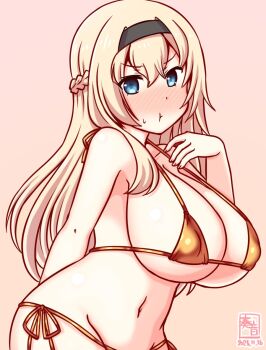 1girl artist_logo bikini black_hairband blonde_hair blue_eyes braid breasts commentary_request cowboy_shot dated gold_bikini gradient_background hairband half_up_braid kanon_(kurogane_knights) kantai_collection large_breasts logo long_hair looking_at_viewer lowleg lowleg_bikini navel one-hour_drawing_challenge pink_background pout side-tie_bikini_bottom solo swimsuit warspite_(kancolle)
