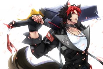 1boy animal_ears black_jacket collar dog_boy dog_ears dog_tail fingerless_gloves gloves gokuran holding holding_sword holding_weapon jacket jewelry komano_manato leaf_in_mouth looking_at_viewer multicolored_hair muscular muscular_male necklace over_shoulder pectoral_cleavage pectorals red_hair shirt sword tail weapon weapon_over_shoulder white_shirt zenless_zone_zero