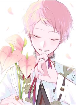1boy clenched_teeth closed_eyes ensemble_stars! falling_petals floral_print hands_up highres holding itsuki_shu jewelry kago_(kago_1030) long_sleeves male_focus official_alternate_costume parted_lips petals red_ribbon ribbon ring short_bangs short_hair smile solo teeth upper_body wedding_march!_(ensemble_stars!) white_background