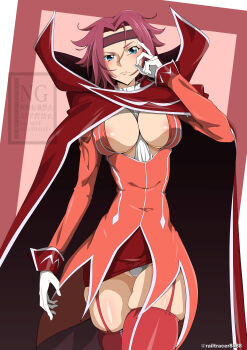 1girl absurdres areola_slip artist_name blue_eyes blush breasts cape code_geass cosplay cuffs female_focus garter_straps gloves headband highres kouzuki_kallen large_breasts lelouch_vi_britannia_(cosplay) looking_at_viewer medium_hair parted_bangs railtracer8888 red_hair red_headband skindentation skirt thighhighs watermark white_gloves wrist_cuffs