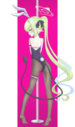 Rule 34 | 1girl, absurdres, animal ears, arm strap, ass, bare shoulders, black leotard, blue archive, blush, demon girl, demon tail, detached collar, earrings, from behind, full body, gnoet, gradient hair, green hair, green halo, grin, hair ornament, hairband, halo, highres, hip focus, jewelry, legs apart, leotard, long hair, looking at viewer, looking back, multicolored hair, nozomi (blue archive), pantyhose, pink background, pole, pole dancing, rabbit ears, rabbit girl, rabbit hair ornament, rabbit hole (vocaloid), rabbit tail, skindentation, smile, smug, solo, standing, strapless, strapless leotard, stripper pole, tail, thigh strap, tiptoes, twintails, very long hair, white hairband, yellow eyes