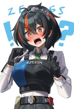 1girl @_@ absurdres black_gloves black_hair blush breasts bulletproof_vest checkered_necktie cuffs gloves green_tea_(matchaistasty) hairband handcuffs hands_up highres holding holding_handcuffs large_breasts metal_hairband necktie open_mouth ponytail red_eyes red_hair shirt simple_background solo sweatdrop upper_body white_background white_shirt zenless_zone_zero zhu_yuan
