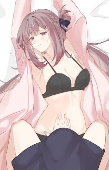 2girls absurdres arms_up black_bra black_panties black_shorts blush bra braid breasts brown_hair closed_mouth commentary female_pov half_up_braid hickey highres long_hair medium_breasts miyagi_shiori multiple_girls panties pov purple_eyes sendai_hazuki shorts shuuniichido_classmate_wo_kau_hanashi straddling sweat underwear yauu. yuri