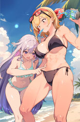 Rule 34 | 2girls, ^^^, abs, bare arms, bare shoulders, beach, bikini, black bikini, blonde hair, blue sky, blush, breasts, can, cloud, colored inner hair, commentary, day, english commentary, eyewear on head, feet out of frame, frilled bikini, frills, gluteal fold, green bikini, hairband, highres, holding, holding can, hololive, hololive english, hololive indonesia, kaela kovalskia, koseki bijou, large breasts, lens flare, long hair, multicolored hair, multiple girls, navel, ocean, open mouth, outdoors, palm tree, pink hair, poking, popo (popo0cat), purple eyes, purple hair, red eyes, red hairband, shore, side-tie bikini bottom, sky, small breasts, spitting, standing, stomach, string bikini, sunglasses, swimsuit, thigh gap, toned, tree, two-tone hair, underboob, very long hair, virtual youtuber, water