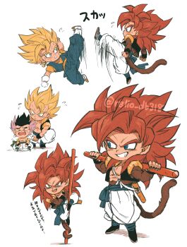 Rule 34 | absurdres, aged down, biceps, blue eyes, blue sash, body fur, dragon ball, dragon ball gt, dragonball z, earrings, gogeta, gotenks, highres, jewelry, male focus, metamoran vest, monkey boy, monkey tail, muscular, muscular male, no nipples, pants, pectorals, potara earrings, red hair, relio db318, ruyi jingu bang, sash, simple background, smile, spiked hair, super saiyan, super saiyan 1, super saiyan 4, tail, vegetto, white pants