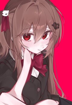 1girl black_cardigan black_skirt bow bowtie broken_heart broken_heart_hair_ornament brown_hair cardigan collared_shirt double-parted_bangs evil_neuro-sama fang foreshortening from_above hair_between_eyes hair_ornament hair_ribbon heart highres looking_at_viewer muum1 neuro-sama pointing pointing_at_viewer raised_eyebrow reaching reaching_towards_viewer red_background red_bow red_bowtie red_eyes red_ribbon ribbon shirt single_hair_intake skin_fang skirt skull_hair_ornament solo two_side_up upper_body vedal_ai virtual_youtuber white_shirt