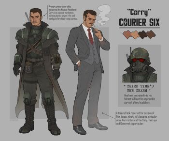 Rule 34 | 1boy, absurdres, armor, arms at sides, assault visor, bandolier, belt, black boots, black coat, black gloves, black pants, black shoes, boots, brown belt, brown eyes, brown hair, buckle, bulletproof vest, canteen, cargo pants, cigarette, closed eyes, closed mouth, coat, collared shirt, color guide, combat boots, combat helmet, commentary, courier (fallout: new vegas), diagonal-striped clothes, diagonal-striped necktie, dirty, dirty clothes, dress pants, dress shirt, dress shoes, duster coat, english commentary, english text, facial hair, facial scar, fallout, fallout: new vegas, formal clothes, full body, gas mask, gloves, goatee, grey jacket, grey pants, grey suit, grey vest, hand in pocket, helmet, high collar, highres, jacket, knee pads, lace-up boots, light smile, long sleeves, looking at viewer, male focus, mask, mouth hold, multiple views, mustache, ncr veteran ranger, necktie, open clothes, open coat, open jacket, pants, pinstripe pattern, pinstripe vest, pip boy, radio antenna, red necktie, red visor, reference sheet, scar, scar on cheek, scar on face, scar on forehead, shirt, shoes, short hair, shoulder armor, smoke, smoke trail, smoking, snap-fit buckle, st34k, standing, striped clothes, suit, suit jacket, tie clip, twitter username, very short hair, vest, white shirt