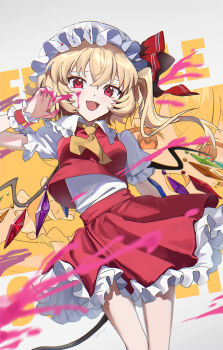 1girl absurdres artist_name ascot blonde_hair breasts collared_shirt commentary crystal crystal_wings fang flandre_scarlet frilled_skirt frills hat highres medium_breasts mob_cap multicolored_wings one_side_up open_mouth paint_on_hands paint_splatter paint_splatter_on_face puffy_short_sleeves puffy_sleeves red_eyes red_skirt red_vest shirt short_sleeves skirt skirt_set smile touhou uehara_suiyo vest white_hat white_shirt wings wrist_cuffs yellow_ascot zoom_layer