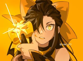 1boy black_hair crossdressing crossdressing_(mtf) hair_over_one_eye hair_ribbon highres lipstick lipstick_smear looking_at_viewer magical_girl makeup natsuki_subaru natsumi_schwarz ponytail re:zero_kara_hajimeru_isekai_seikatsu ribbon sanpaku star-shaped_pupils star_(symbol) symbol-shaped_pupils wand yellow_eyes