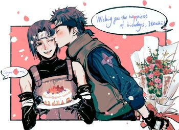 2boys blush border bouquet cake commentary curtained_hair english_commentary falling_petals flower food holding holding_behind_back holding_bouquet holding_cake holding_food kiss kissing_cheek konohagakure_anbu_uniform konohagakure_shinobi_uniform konohagakure_symbol male_focus momoyoru1 multiple_boys naruto_(series) naruto_shippuuden outside_border petals pink_petals short_hair sideburns uchiha_itachi uchiha_shisui white_border yaoi