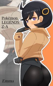 1girl andshadows100 ass bodysuit emma_(pokemon) from_behind gloves highres jacket long_sleeves looking_back nintendo pokemon pokemon_legends:_z-a purple_eyes