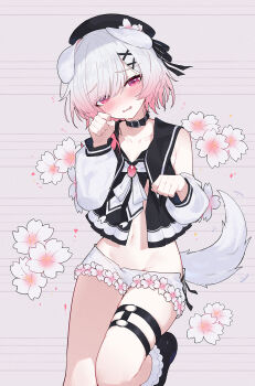 1girl animal_ears black_choker black_hat black_shoes blush brooch chinese_commentary choker collarbone commentary_request detached_sleeves dog_ears dog_girl dog_tail flower gradient_hair hair_ornament hat highres jewelry kemonomimi_mode long_sleeves mahou_shoujo_no_majo_saiban midriff multicolored_hair navel open_mouth panties paw_pose pink_eyes pink_hair sakuraba_ema shoes short_hair skindentation solo tail thigh_strap underwear wavy_mouth white_hair white_panties x_hair_ornament yun_cao_bing