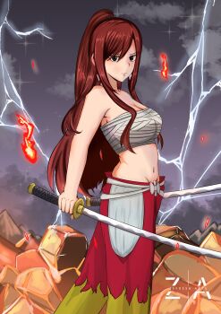 1girl absurdres alternate_hairstyle armpit_crease artist_logo artist_name bare_arms breasts brown_eyes cleavage clenched_hands collarbone dual_wielding earrings erza_scarlet fairy_tail female_focus fingernails from_side frown groin hair_between_eyes highres holding holding_sword holding_weapon japanese_clothes jewelry katana large_breasts lightning logo long_hair long_sidelocks looking_at_viewer navel neck outdoors pants pendant ponytail rain red_hair rope_belt sarashi serious sidelocks standing sword weapon wide_hips