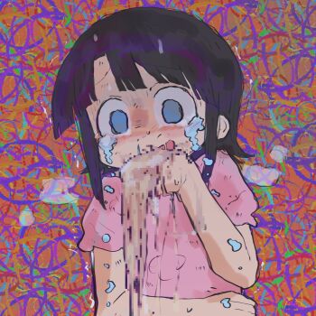 1girl black_hair blue_eyes blush city_(arawi_keiichi) crying crying_with_eyes_open horror_(theme) makabe_matsuri open_mouth pink_shirt psychedelic puffy_short_sleeves puffy_sleeves qjrs4221 shaded_face shirt short_hair short_sleeves short_slevees solo sweat tears upper_body vomit vomiting