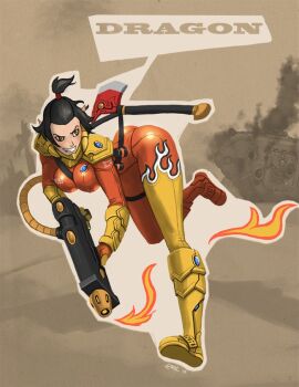 Rule 34 | black hair, bodysuit, breasts, cosplay, crossover, eldar, flamethrower, gun, holding flamethrower, holding weapon, large breasts, parody, pyro (tf2), short hair, skin tight, solo, team fortress 2, topknot, warhammer 40k, weapon