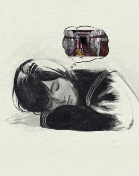 Rule 34 | 1girl, absurdres, animal ears, black hair, black sailor collar, black shirt, closed eyes, closed mouth, fake animal ears, head on arm, highres, image in thought bubble, rabbit ears, sailor collar, school uniform, shimizu hinako, shimizu hinako (pink rabbit costume), shirt, short hair, silent hill (series), silent hill f, simple background, sketch, sleeping, solo, spongebob squarepants, spongebob squarepants (series), upper body, zyon xig