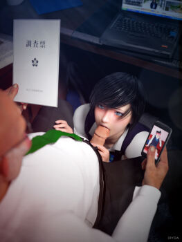 1boy 1girl 3d blackmail censored computer desk fellatio hetero highres iryda laptop mosaic_censoring necktie oral penis short_hair under_table