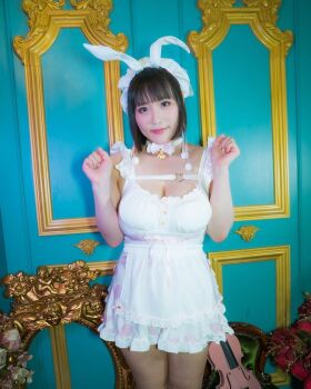 1girl breasts brown_eyes brown_hair collar dress fake_bunny_ears female_focus headband highres instrument large_breasts looking_at_viewer medium_hair model photo_(medium) real_life shibuya_kaho solo violin white_dress white_headband