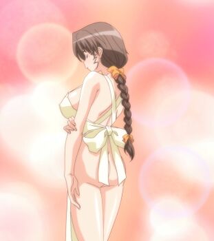 10s 1girl 2011 anime_screenshot apron ass blush braid braided_ponytail breasts brown_hair cleavage closed_eyes hair_ribbon large_breasts long_hair mature_female moroboshi_kyouko naked_apron nude ribbon sideboob smile solo standing stitched sweet_home tagme third-party_edit