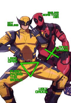 2boys belt bodysuit closed_mouth commentary_request crocs deadpool deadpool_&amp;_wolverine deadpool_(series) english_text facial_hair gloves green_line_test_(meme) highres korean_commentary looking_at_viewer male_focus marvel mask meme middle_finger multicolored_bodysuit multiple_boys muscular muscular_male pectorals ppoooooolvrmm red_bodysuit red_mask short_hair sitting superhero_costume two-tone_bodysuit white_background wolverine_(x-men) x-men yaoi yellow_bodysuit