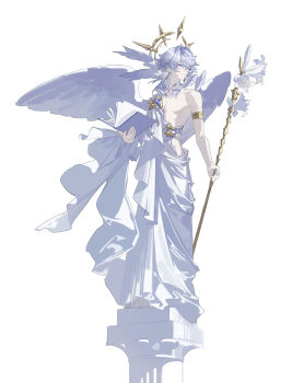 1boy absurdres ancient_greek_clothes armlet barefoot bird_wings book chinese_commentary chiton collarbone commentary earrings flower full_body gold_armlet gold_earrings gold_halo gold_weapon greco-roman_clothes halo halo_behind_head head_wings highres holding holding_book holding_staff honkai:_star_rail honkai_(series) jewelry male_focus medium_hair multiple_wings open_book pillar robe simple_background single_bare_shoulder solo staff standing sunday_(honkai:_star_rail) tears tears_from_one_eye toes toned toned_male white_background white_flower white_hair white_robe wings yellow_eyes zhizhicyzey