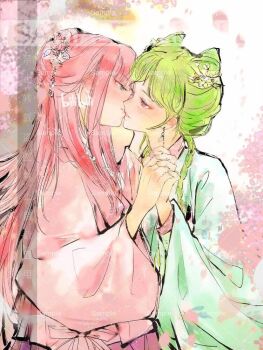 2girls aoqun artist_self-insert blue_eyes bow chinese_clothes collei_(genshin_impact) couple genshin_impact green_hair green_hanfu hanfu holding_hands kiss long_hair long_sleeves multiple_girls orange_eyes original pink_bow pink_hair pink_hanfu wide_sleeves xiaotianshianai yuri