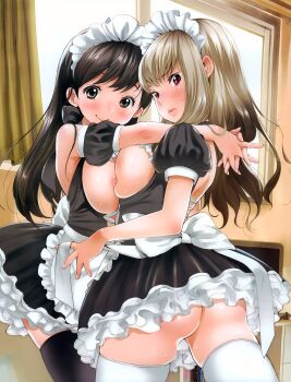 2girls apron arms_around_neck ass black_hair black_legwear blue_eyes blush breast_press breasts brown_hair detached_sleeves highres inuburo large_breasts lips long_hair looking_at_viewer looking_back maid maid_apron maid_headdress multiple_girls nipples no_panties original puffy_sleeves red_eyes scan shiny_skin smile sweat symmetrical_docking thighhighs top_pull white_legwear yuri