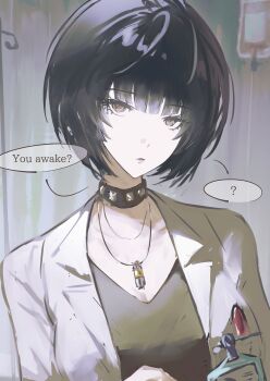 Rule 34 | 1girl, ?, black choker, black hair, black shirt, blunt bangs, bob cut, breasts, brown eyes, choker, cleavage, closed mouth, coat, commentary request, doctor, english text, grey background, highres, intravenous drip, jewelry, k1kiwa, lapels, looking at viewer, medium breasts, necklace, persona, persona 5, shirt, short hair, solo, speech bubble, spoken question mark, studded choker, takemi tae, v-neck, white coat