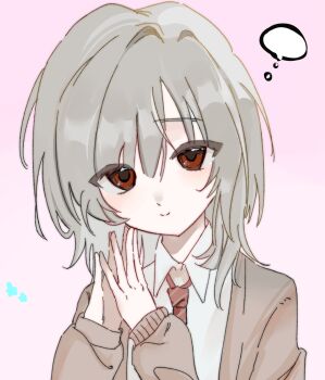 Rule 34 | 1boy, blank speech bubble, brown cardigan, cardigan, collared shirt, dress shirt, grey hair, hashtag-only commentary, highres, light blush, man dou, necktie, pink background, portrait, red eyes, red necktie, saihate eki, shirt, smile, solo, speech bubble, steepled fingers, tatsunami shion, thought bubble, white shirt