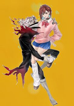 1boy 1girl arm_around_shoulder ayase_momo barefoot black_choker black_jacket black_nails black_pants blue_skirt bow bowtie breasts brown_eyes brown_hair brown_shoes choker collared_shirt crossed_bangs dandadan earrings facial_mark full_body gakuran glasses hair_between_eyes highres holding_another's_ankle jacket jewelry jojoker20092 loafers loose_socks medium_breasts medium_hair multicolored_hair nail_polish orange_background pants pants_rolled_up parted_lips pink_sweater pleated_skirt red_bow red_bowtie red_eyes red_hair school_uniform shirt shirt_under_sweater shoes short_hair skirt socks streaked_hair sweater takakura_ken_(dandadan) takakura_ken_(transformed)_(dandadan) teeth toenail_polish toenails wavy_hair white_hair white_socks