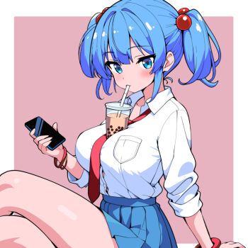 1girl alternate_costume blue_eyes blue_hair blue_skirt blush bracelet breast_rest breasts bubble_tea collared_shirt commentary_request drinking_straw hair_bobbles hair_ornament highres holding holding_phone jewelry kawashiro_nitori large_breasts looking_at_viewer necktie new_kamiyan phone pink_background pleated_skirt red_necktie school_uniform shirt simple_background sitting skirt solo thick_thighs thighs touhou twintails white_shirt