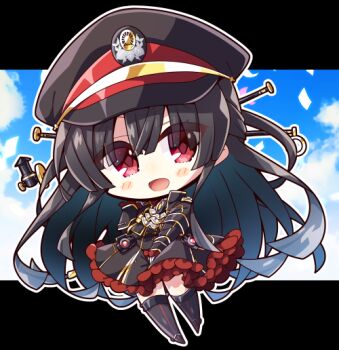1girl akaneya armband ascot black_armband black_footwear black_hair black_jacket black_sleeves chibi gloves gold_trim hachiroku_(maitetsu) hair_rings hat jacket long_hair long_sleeves maitetsu open_clothes open_jacket open_mouth peaked_cap red_eyes skirt smile solo very_long_hair white_ascot white_gloves