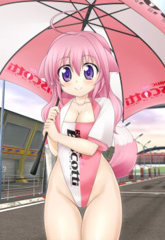 Rule 34 | 10s, 1girl, adapted costume, alternate costume, animal ears, blazer, blurry, depth of field, dog days, dog ears, dog girl, female focus, hair between eyes, highleg, highleg leotard, highres, jacket, koyomisa, legs together, leotard, millhiore f. biscotti, multicolored leotard, pink hair, purple eyes, race queen, solo, standing, tail, thighs, two-tone leotard, umbrella, wavy hair, white leotard