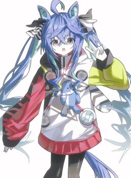1girl ahoge animal_ears black_leggings black_pantyhose blue_eyes blue_hair crossed_bangs gegadi hashtag-only_commentary heterochromia highres hood hoodie horse_ears horse_girl horse_tail leggings long_hair long_sleeves looking_at_viewer multicolored_hair multicolored_hoodie open_mouth pantyhose purple_eyes sidelocks simple_background solo stuffed_animal stuffed_rabbit stuffed_toy tail twin_turbo_(blast_mode!_turbo_engine)_(umamusume) twin_turbo_(umamusume) twintails umamusume white_background