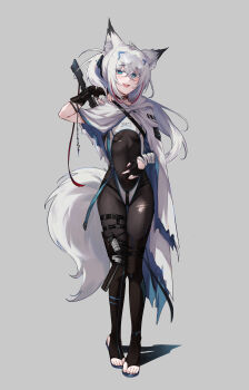1girl absurdres animal_ear_fluff animal_ears asymmetrical_gloves bandaged_arm bandages black_gloves blue_eyes bodystocking breasts cloak colored_eyelashes commentary_request fang fingerless_gloves fox_ears fox_girl fox_tail full_body gloves goggles goggles_on_head grey_background hair_between_eyes hand_up highres leotard long_hair looking_at_viewer mismatched_gloves one_side_up open_mouth original piuta shadow simple_background small_breasts solo standing tail torn_clothes very_long_hair white_cloak white_leotard