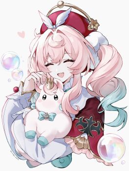 1girl animal bubble closed_eyes crown drill_hair gradient_hair hat heart highres holding holding_animal honkai:_star_rail honkai_(series) hyacine_(honkai:_star_rail) little_ica_(honkai:_star_rail) mini_crown multicolored_hair nirako_mona pink_hair smile twin_drills