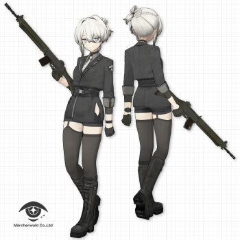 1girl 3d absurdres assault_rifle belt belt_buckle black_belt black_footwear black_gloves black_jacket black_shorts black_thighhighs blue_eyes boots braid breast_pocket buckle closed_mouth clothing_cutout collared_shirt company_name crossed_bangs dani_periapsis earpiece facing_away folded_ponytail garter_straps gauze gauze_on_cheek gloves gradient_hair grey_hair grey_shirt grid_background gun hair_between_eyes half_up_braid heel_up highres hip_vent holding holding_gun holding_weapon insignia jacket knee_boots lace-up_boots logo looking_at_viewer mole mole_on_thigh mole_under_eye multicolored_eyes multicolored_hair multiple_moles multiple_views necktie original pocket police police_uniform policewoman ponytail purple_eyes rifle shin_strap shirt short_ponytail short_shorts shorts side_slit sig_sauer sig_sg550 simple_background single_garter_strap smile split_mouth star-shaped_pupils star_(symbol) suit_jacket symbol-shaped_pupils tell_(seallllion) thighhighs three-quarter_sleeves two-tone_eyes variant_set vrchat watch weapon white_background white_hair white_necktie wing_collar wristwatch