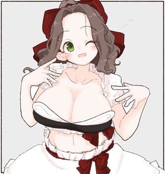 1girl blush bow breasts brown_hair cleavage collarbone cowboy_shot forehead frilled_shirt frills green_eyes grey_background hair_bow hands_up highres inset_border large_breasts long_hair looking_at_viewer olto_rondo one_eye_closed open_mouth original raised_eyebrows red_bow shirt short_sleeves simple_background skirt smile solo stomach white_shirt white_skirt