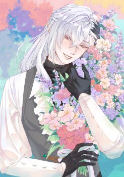 1boy absurdres black_gloves bouquet cassian_floros commentary crossed_bangs elf first_stage_production flower gloves highres holding holding_bouquet holding_flower light_blush long_sleeves looking_at_viewer male_focus mikysan29 pointy_ears ponytail smile solo symbol-only_commentary teeth white_hair yellow_eyes