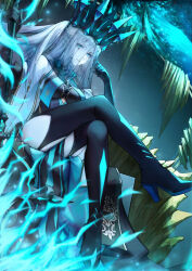 Rule 34 | 1girl, absurdres, black dress, black gloves, black veil, blue eyes, braid, breasts, crossed legs, crown, dress, fate/grand order, fate (series), gloves, grey hair, half up braid, high heels, highres, holding, holding staff, large breasts, long hair, long sleeves, looking at viewer, morgan le fay (fate), morgan le fay (queen of winter) (fate), ponytail, sidelocks, sitting, sitting on throne, solo, staff, two-tone dress, veil, very long hair, yafura