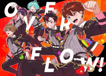 5boys ahoge baldstorm belt belt_buckle black_bow black_bowtie black_hair black_pants blonde_hair blue_hair bow bowtie brown_hair buckle chain clenched_hand clenched_teeth collared_shirt double-parted_bangs ensemble_stars! facing_viewer grey_shirt hair_between_eyes hair_over_one_eye hand_up hashtag-only_commentary heart highres jacket jewelry layered_clothes long_sleeves looking_at_viewer male_focus morisawa_chiaki multicolored_hair multiple_boys nagumo_tetora official_alternate_costume one_eye_covered open_clothes open_hands open_jacket open_mouth outstretched_arms overflow!_(ensemble_stars!) pants purple_hair red_eyes red_hair ring ryuseitai_(ensemble_stars!) sengoku_shinobu shinkai_kanata shirt short_hair smile star_(symbol) streaked_hair takamine_midori teeth two-tone_hair upper_teeth_only white_belt yellow_eyes