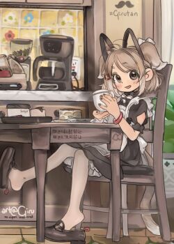 1girl animal_ears apron black_dress black_eyes brown_hair cat_ears cat_girl cat_tail coffee_maker commentary cup dress girutea highres holding holding_cup indoors looking_at_viewer maid maid_apron open_mouth original pantyhose short_hair sitting solo tail white_apron white_pantyhose