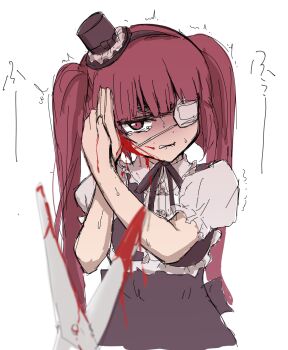 1girl black_dress blood blood_on_face blood_on_hands blood_on_scissors bloody_scissors blunt_bangs clenched_teeth covering_own_ears crying crying_with_eyes_open dress eyepatch frilled_sleeves frills gothic_lolita hanazono_yurine hat highres jashin-chan_dropkick lolita_fashion looking_at_viewer medical_eyepatch mini_hat mini_top_hat red_eyes red_hair ryona shaded_face shino_(yaruki_nai_yatsu) simple_background sweat tears teeth top_hat trembling twintails white_background