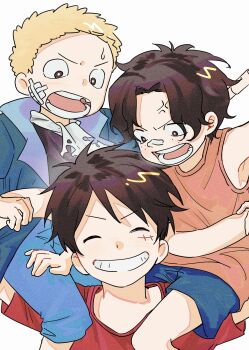 Rule 34 | 3boys, aged down, anger vein, arm around waist, ascot, bandaid, bandaid on cheek, bandaid on face, bandaid on nose, black hair, blonde hair, blue jacket, blue shorts, closed eyes, commentary, devil fruit power, elasticity, english commentary, extendable limbs, facial scar, grin, highres, jacket, kathierenn1394, looking at another, male focus, monkey d. luffy, multiple boys, one piece, open clothes, open jacket, open mouth, orange tank top, portgas d. ace, red shirt, sabo (one piece), scar, scar on cheek, scar on face, shirt, short hair, shorts, sitting on shoulder, smile, straight-on, sweatdrop, tank top, upper body, white ascot, white background