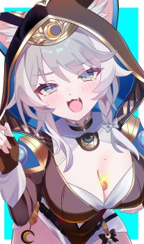 1girl animal_ear_fluff animal_ears animal_hood between_breasts black_gloves black_leotard blue_background blue_eyes border breasts cat_ears cat_girl cat_hood cipher_(honkai:_star_rail) cleavage coin commentary_request fang fingerless_gloves gloves gold_coin grey_hair highres honkai:_star_rail honkai_(series) hood leotard looking_at_viewer mole mole_on_breast no4_lave753 open_mouth short_hair_with_long_locks solo white_border