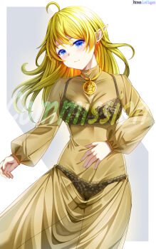 Rule 34 | absurdres, alternate breast size (smaller), black bra, black panties, blonde hair, blue eyes, bra, breasts, cleavage, commission, commissioner upload, elf, highres, jewelry, long hair, lori hagami, lotte farona, necklace, official art, panties, pointy ears, see-through clothes, see-through sleeves, small breasts, underwear, ways of darkness (series)