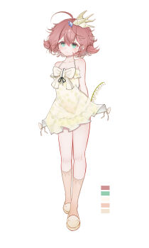 1girl absurdres arms_behind_back banbanban_li bare_shoulders blush bow brown_socks closed_mouth collarbone color_guide dress feet_out_of_frame flower flutterpage head_out_of_frame highres holding holding_flower lily_of_the_valley pink_hair reverse:1999 short_hair simple_background sleeveless sleeveless_dress smile socks solo standing white_background white_bow white_flower