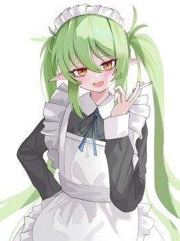 1girl :d alternate_costume apron black_dress blue_archive blue_ribbon blush cigarette cowboy_shot dress enmaided eyelashes fang frilled_apron frills furrowed_brow green_hair hair_between_eyes hand_on_own_hip hand_up highres holding holding_cigarette long_hair long_sleeves looking_at_viewer maid maid_apron maid_headdress neck_ribbon nozomi_(blue_archive) open_mouth pointy_ears ribbon sidelocks simple_background skin_fang smile solo tsurime twintails very_long_hair white_apron white_background xiaoxiaoyifan yellow_eyes