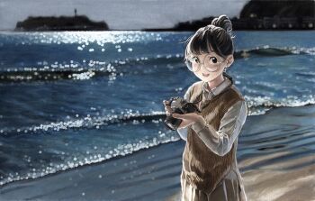 1girl absurdres beach black_eyes blurry blurry_background bokeh camera collared_shirt colored_pencil_(medium) cowboy_shot day depth_of_field glasses hair_bun highres holding holding_camera looking_at_viewer nekojarashi_(yuuga) open_mouth original outdoors round_eyewear shirt single_hair_bun smile solo sweater_vest traditional_media waves white_shirt